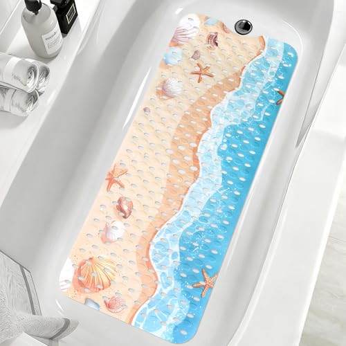 Shower Mat Non Slip, Yonala Premium Anti Slip Stylish Bath Tub Mat, 40 x 16 Inch Extra Large Bathtub Mat with Suction Cups and Drain Holes, Machine Washable - color: Sea Beach