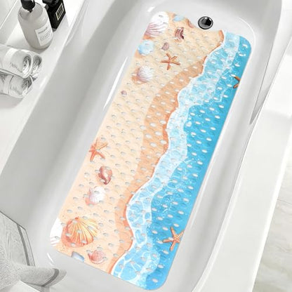 Shower Mat Non Slip, Yonala Premium Anti Slip Stylish Bath Tub Mat, 40 x 16 Inch Extra Large Bathtub Mat with Suction Cups and Drain Holes, Machine Washable - color: Sea Beach