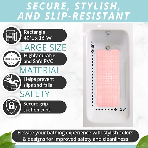 ENKOSI Non-Slip Bath & Shower Mat 40x16 Extra Long, Suction & Drain Holes | Baby Pink color; Durable PVC; 40x16 in, Baby Pink - color: Baby Pink