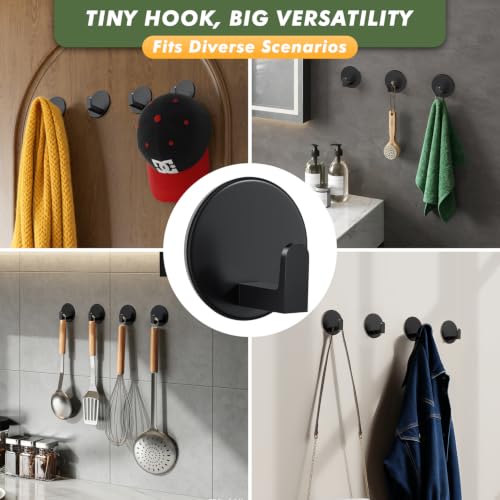 Auxmir Adhesive Towel Hooks, 5 Pack Heavy Duty Wall Hooks 15lb Max, No Drilling Hooks for Bathroom Shower Kitchen, Waterproof Rustproof Stainless Steel Hooks for Towels, Robes, Coats, Black-Round | 15 lb max capacity, heavy-duty no-drill wall hooks, water