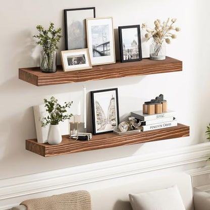 Solid Wood Floating Shelves, 24 Inch Wall Shelves, Set of 2, Brown | 8 Inch Deep, 1.6 Inch Thick, Extra-Wide Display Space, Mounting Hardware Included, For Kitchen, Bathroom and Living Room - color: Brown, size: 24x8x1.6