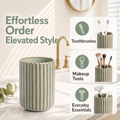 Green Ceramic Toothbrush Holder Cup | Striped Modern Farmhouse Bathroom Organizer Toothpaste Cup & Makeup Brush Tumbler - color: Green