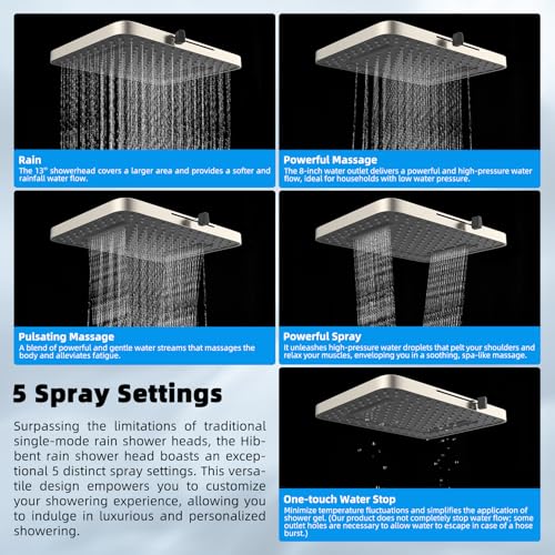 Hibbent 13'' 5-spray Rain Shower Head, 10-Spray Handheld, Brushed Nickel | cUPC Certified High Pressure Dual Showerhead Combo, Upgraded Rainfall Shower Head, 12'' Extension Arm, 71'' Hose & Holder - color: Brushed Nickel, style: Square 13''