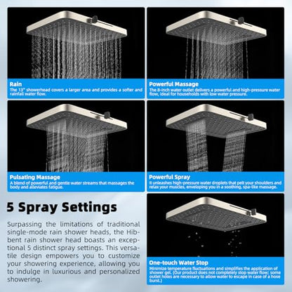 Hibbent 13'' 5-spray Rain Shower Head, 10-Spray Handheld, Brushed Nickel | cUPC Certified High Pressure Dual Showerhead Combo, Upgraded Rainfall Shower Head, 12'' Extension Arm, 71'' Hose & Holder - color: Brushed Nickel, style: Square 13''