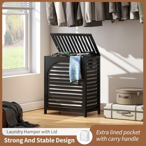 Laundry Hamper with Lid, Bamboo with Handles and Removable Liner Bag, 125L Laundry Basket for Bedroom, Bathroom & Laundry Room(Black) - color: Black