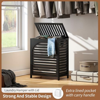 Laundry Hamper with Lid, Bamboo with Handles and Removable Liner Bag, 125L Laundry Basket for Bedroom, Bathroom & Laundry Room(Black) - color: Black