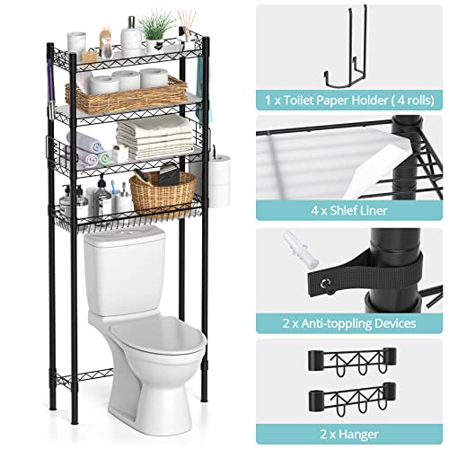 Hodonas Over Toilet Bathroom Organizer, Black, 26.97" x 9.84" x 67.32" | Carbon Steel, 4 Tiers, Adjustable, Freestanding, Sturdy and Stable, Easy to Assemble, Space Saver for Bathroom Storage - color: Black-4 Tier