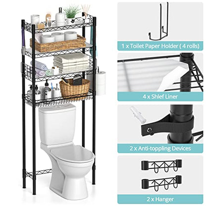 Hodonas Over Toilet Bathroom Organizer, Black, 26.97" x 9.84" x 67.32" | Carbon Steel, 4 Tiers, Adjustable, Freestanding, Sturdy and Stable, Easy to Assemble, Space Saver for Bathroom Storage - color: Black-4 Tier