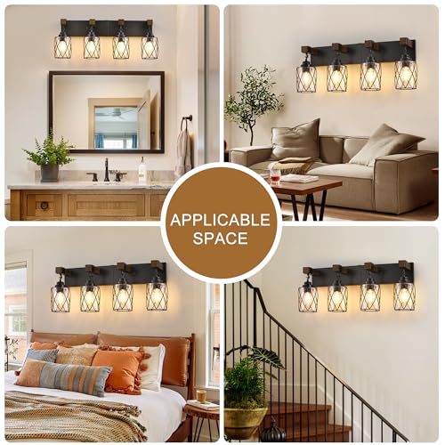 Bathroom Light Fixtures, Farmhouse Black Metal with Glass Shade | 4 Light Rustic Vanity Lights, Wood Accent Wire Cage Design, Mounts Over Mirror, Ideal for Bedroom & Hallway,Easy to Install - size: 4-Light