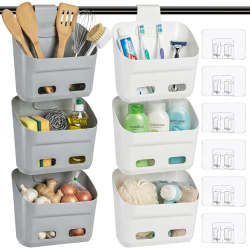 Eorbow 6 Pack Plastic Hanging Storage Basket, Over the Door Cabinet Shower Caddy, Stackable Kitchen Organizer Wall Mount with Detachable Hook, Shelf Bins with Draining Hole for Bathroom Pantry Closet