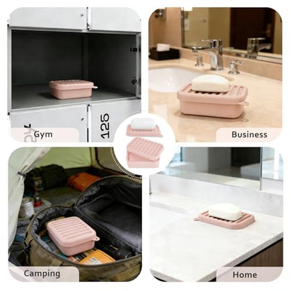 Silicone Travel Soap Case with Lid & Drain Tray, Leakproof, for Travel | Food-grade silicone, Leakproof seal, Built-in hook, Removable drain pad doubles as soap holder, For gym, travel, camping - color: Pink