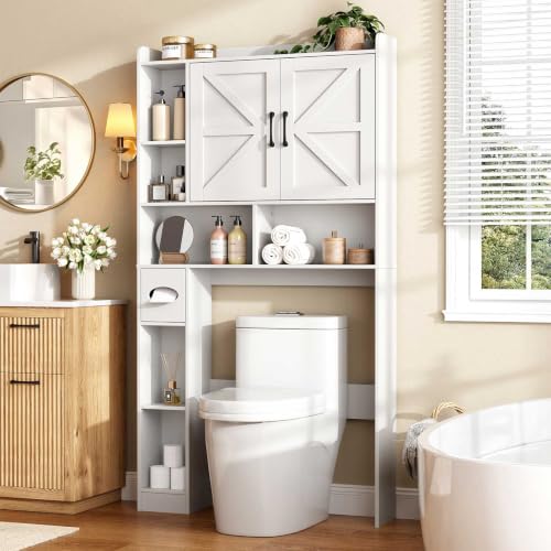 Vabches Over The Toilet Storage Cabinet with 2 Barn Doors, White | Toilet Paper Holder Stand，Home Space-Saving Toilet Rack, for Bathroom, Restroom, Laundry - color: White