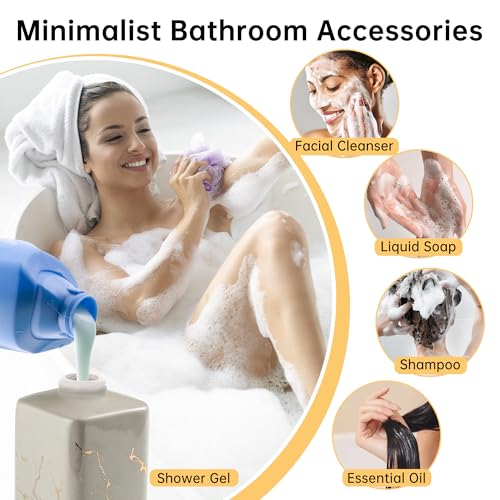 Gold Soap Dispenser for Bathroom Countertop, Square Gray Dish Soap Dispenser Pump Bottle with Golden Stripes for Kitchen Sink Laundry Shower Lotion, Ceramic Hand Dispenser Pump for Soap Liquid - color: Gray
