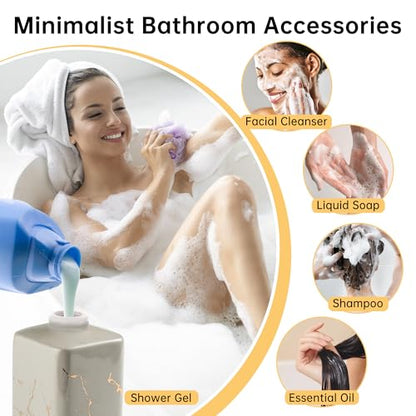 Gold Soap Dispenser for Bathroom Countertop, Square Gray Dish Soap Dispenser Pump Bottle with Golden Stripes for Kitchen Sink Laundry Shower Lotion, Ceramic Hand Dispenser Pump for Soap Liquid - color: Gray