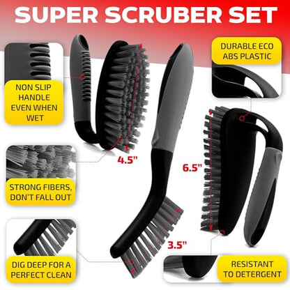 Scrub Brush Set of 3pcs - Cleaning Shower Scrubber with Ergonomic Handle and Durable Bristles - Grout Cleaner Brush - Scrub Brushes for Cleaning Bathroom/Shower/Tile/Kitchen/Floor/Bathtub/Carpet - color: Black, Set of 3