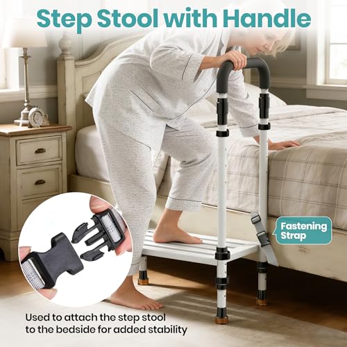 Medical Step Stool, Wide Platform, Adjustable Handrail & Legs | Adjustable handrail(32.5”-40.4”) & sturdy steel frame. 800 lb capacity. Use on bed, car SUV & bathroom. Safe for seniors. - color: Classic White