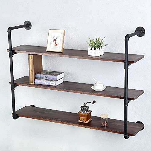 Industrial Pipe Shelves With Wood Planks,Rustic Pipe Shelving Wall Shelf | Metal Pipe Solid Pine Wood,Easy to Assemble,Wooden Board Thickness 0.78 In,For Bar Farmhouse Kitchen Office Bathroom,Bedroom - color: 3-layer, size: 48in