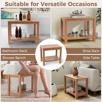 Giantex Teak Shower Bench with Shelf, 24 Inch Shower Stool with Slatted Seat for Elderly Seniors, Waterproof Bathroom Spa Bathing Seat Foot Rest Entryway Bench for Indoor and Outdoor Use - size: 24" x 12.5" x 18"