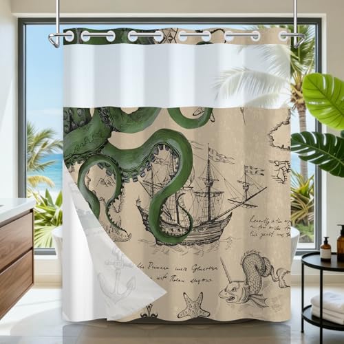 Nautical Theme Shower Curtains for Bathroom, No Hook Giant Octopus Shower Curtain with Mesh Top Window and Snap in Liner, 71x74 Inch Double-layer Waterproof Fabric Shower Curtain with Weighted Bottom - color: Octopus