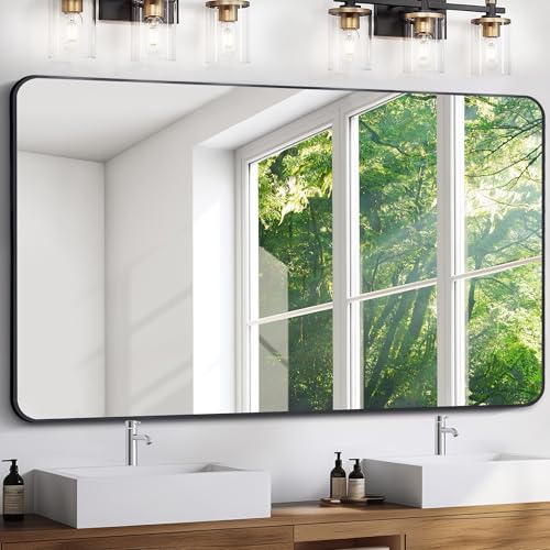 FORBATH Large Bathroom Mirror 60x36 Inches, Black Oversized Wall Mirror for 2 Sinks Aluminum Frame Wall Mounted Rounded Corner Morndern Mirror for Bathroom Bedroom Entryway Living Room - color: Black, size: 60"L x 36"W
