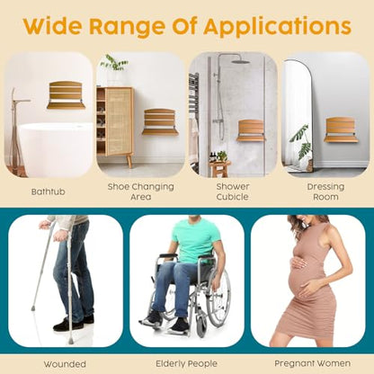Foldable Shower Chair, 16" Folding Shower Seat Wall Mounted, Brown | Safety Furniture Stainless Steel for Elderly, Fold Down Shower Bench for Inside Shower, Pregnants-Maximum Load 400lb