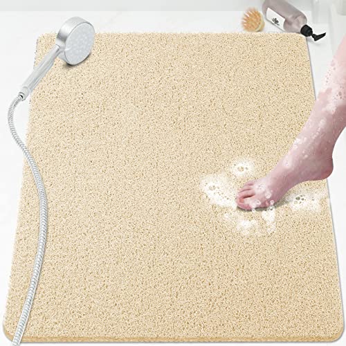 SoftDuo Shower Mat Bathtub Mat Non-Slip Soft Tub Mat | 32x24 inch,PVC Loofah Bath Mat with Drain for Tub and Bathroom,Quick Drying,Khaki - color: Khaki, size: 32" x 24" (Rectangular)