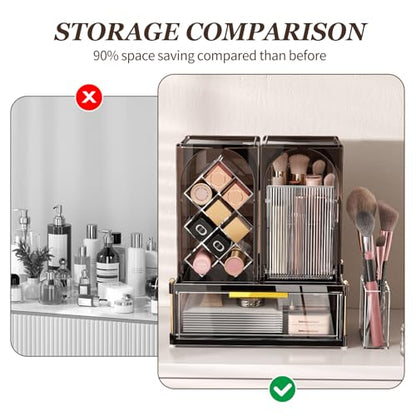 INVSSENE Stackable Makeup Organizer Countertop, Storage Perfume Skincare Cosmetic Lipstick Face Mask Makeup Brush Palettes, Ideal for Vanity Bathroom Counter - color: 3515 Coffee+Clear