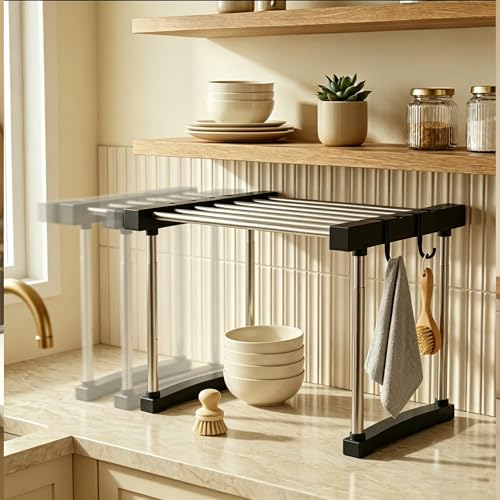 BLULEE Expandable Under Sink Organizer, No-Drill Adjustable Shelf | Custom fit around pipes cabinet rack for bathroom vanity and kitchen pantry, supporting heavy laundry supplies. - color: Black, size: 1 Pack