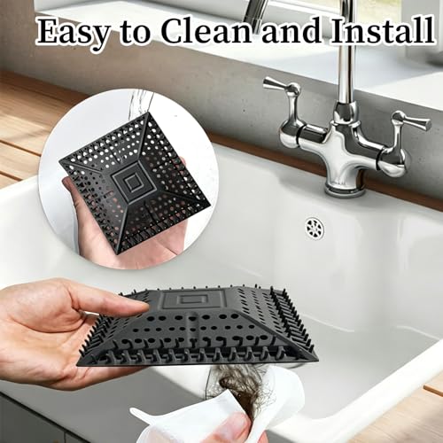 Square Silicone Shower Drain Hair Catcher, Prevents Clogs, Easy Clean & Install Bathroom Drain Cover for Shower/Tub/Sink, Fits Most Standard Drains, Black - color: Black