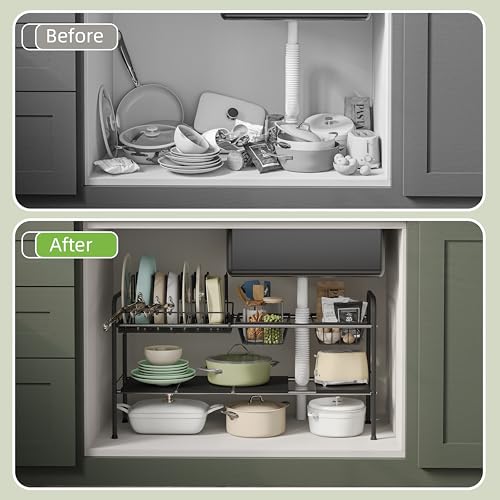 Expandable Under Sink Organizer，Pot and pan Organizer Under Cabinet | Pan Lid Organizer,Expandable Storage shelf with Pan Rack（7 Dividers）,2 Baskets and 4 Panels,Adjustable partition height - size: Multi-functional with pot holder