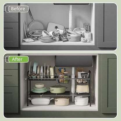 Expandable Under Sink Organizer，Pot and pan Organizer Under Cabinet | Pan Lid Organizer,Expandable Storage shelf with Pan Rack（7 Dividers）,2 Baskets and 4 Panels,Adjustable partition height - size: Multi-functional with pot holder