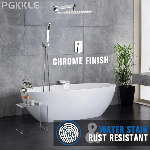 12 Inch Rainfall Shower System with Tub Spout Wall Mounted Complete Combo with Solid Brass Pressure Balancing Valve, High Pressure Shower Head, Handle Set & Installation Accessories Chrome - color: Chrome