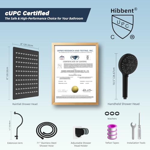 Hibbent All Metal CUPC Certified Shower Head, 8'' High Pressure Rainfall Shower Head, Handheld Showerhead Combo, 12'' Adjustable Extension Arm, 10 Sprays, 71'' Hose, Shower Holder, Matte Black - color: Matte Black, style: Square 8''