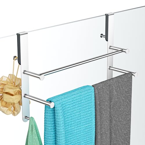 Frameless Glass Door Shower Towel Rack, Double Bar, 8 Hooks, Silver Steel | Drill-free Bathroom Towel Rack with Silent Scratch-free Pads, Ample Storage, Heavy Duty, Waterproof, Rustproof & Easy Setup