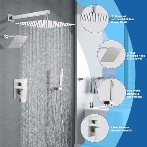 12" Shower Faucet Set Rain Shower System with 6" Wall Mounted Head Full Body Luxury Rain Shower System Rainfall Shower Head with Handheld Combo,3 Way Pressure Balance Valve Kit,Brushed Nickel - color: Brushed Nickel, style: HG-12inch+6inch