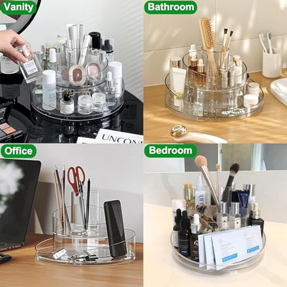Taiuloo 360 Rotating Makeup Organizer, Clear Acrylic Lazy Susan Cosmetic Storage Turntable for Skincare, Perfume & Lipstick, Round Spinning Tray with Brush Holder for Vanity, Bathroom