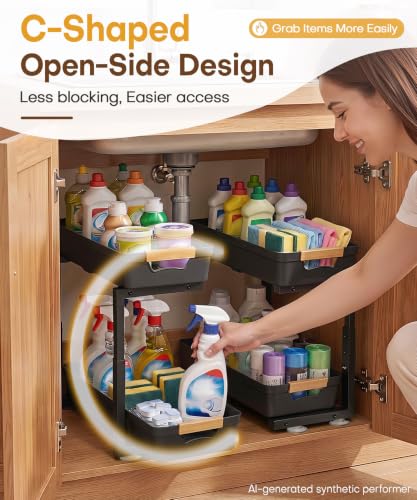 Homde Sliding Under Sink Organizer: 2-Pack Pull-Out Rack for Kitchen | 4 Easy-Access Baskets for Cluttered Cabinets - Busy Families Find Everything Instantly - Full-Extension Glide Design