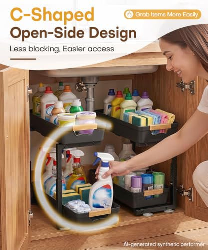 Homde Sliding Under Sink Organizer: 2-Pack Pull-Out Rack for Kitchen | 4 Easy-Access Baskets for Cluttered Cabinets - Busy Families Find Everything Instantly - Full-Extension Glide Design
