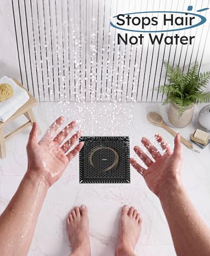 Square Shower Drain Hair Catcher, Anti-Clogging, Black, 6 inch | 304 Stainless Steel and TPE Material/ Not Moving / Easy Clean / Fast Drainage / Fits Bathroom Hair Catcher for Shower - color: Matte Black, size: 6 inch