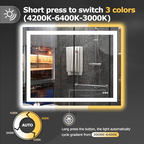 Hivone 40"X32" LED Bathroom Mirror with Lights, Anti-Fog, Dimmable, Backlit + Front Lit, Smart Bathroom Vanity Mirror, Memory Function, Shatterproof, Tempered Glass (Horizontal/Vertical) - size: 32"L x 40"W