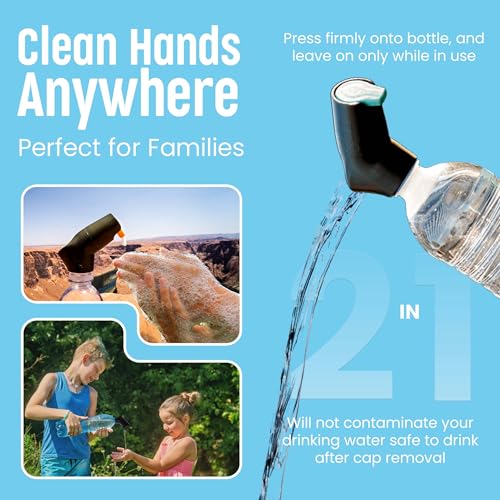Refillable Caps, 2 Pack - Universal Fit Turns Most Disposable Water Bottles Into A Hand Washing Station - Includes Refillable Soap Reservoir - Conveniently Sized to Take on The Go - color: Black