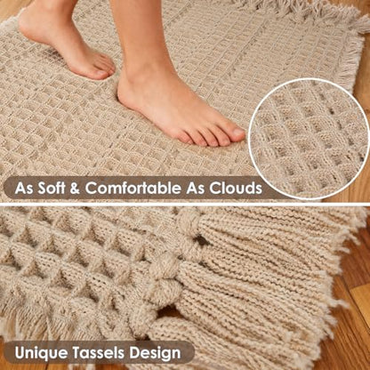 Waffle Bath Mat Set of 2, Absorbent Waffle Bathroom Rug with Tassels, Non Slip Bath Mats for Bathroom Floor, Ultra Soft Boho Bath Mat, Quick Dry Shower Mat, Machine Washable, 17"×24" & 20"×47", Khaki - size: 17" x 24"+20" x 47"
