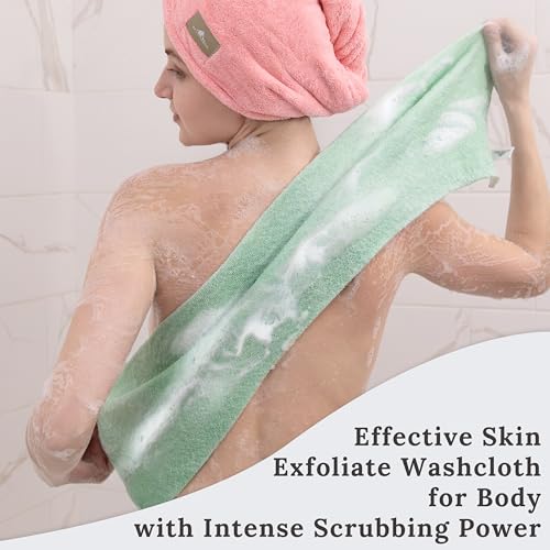 myHomeBody Exfoliating Washcloths for Showering, Light Green, Set of 2 | Stretches for Hard-to-Reach Areas, Loofah Body Scrubber Exfoliator, Back Shower Towel, Bath Washer for Exfoliation