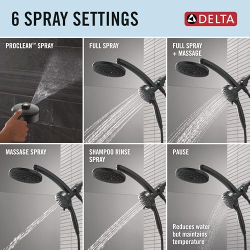 Delta 6-Setting PivotPro 3-in-1 Combination Shower Head with ProClean Spray, Matte Black Round Shower Head Rainfall with Handheld Spray, 1.75 GPM, Matte Black 75649BL - color: Matte Black