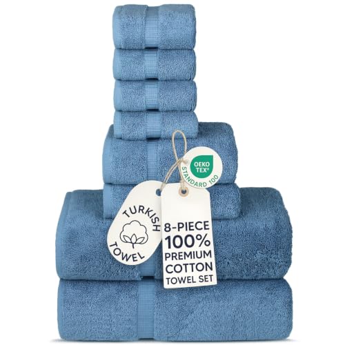 Chakir Turkish Linens Set of 8 Towel Set, 100% Cotton Luxury Turkish Towels for Bathroom, Soft Absorbent Bath Towel Set with 2 Bath Towels 2 Hand Towels 4 Washcloths, Wedgewood - color: Wedgewood