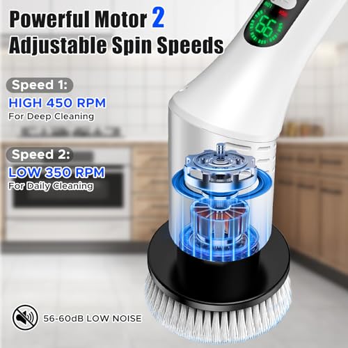 Electric Spin Scrubber, Bathroom Scrubber, Cordless Shower Cleaner Brush, 9 Replaceable Brush Heads, 2-Speed Adjustable, 2000mAh Battery, for Shower Tub Kitchen Tile Toilet