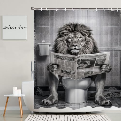 Funny Lion Shower Curtain, Fancy Humor Leo Animal on Toilet Shower Curtains Set, Black and White Funky Shower Curtains, Large Cat Man Grey Bathroom Curtain 72x72 inch | Fancy Humor Leo Animal on Toilet Shower Curtains Set, Funky Shower Curtains , Large Ca
