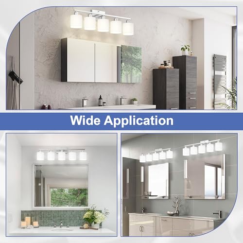 Bathroom Lights Over Mirror Brushed Nickel, Anti-Rust 5-Light Bathroom Vanity Light Fixtures, Modern 28.34Inches Wall Sconces E26 Base, Milky White Glass Shades, Bulbs Not Included - color: Brushed Nickel-5Light