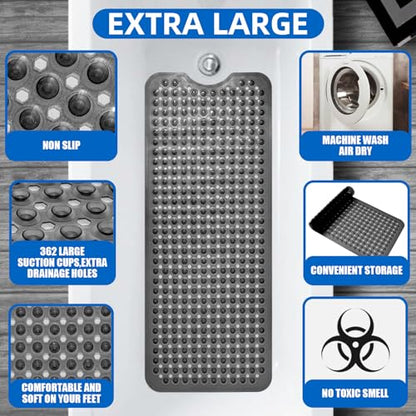 MOONFLY Shower and Bathtub Mat,40x16 Inches,Extra Long Non Slip Mats with Suction Cups and Drain Holes, Machine Washable and Anti Slip Bathmats, Bathroom Mats for Tub Nonslip (Translucent Black) - color: Translucent Black
