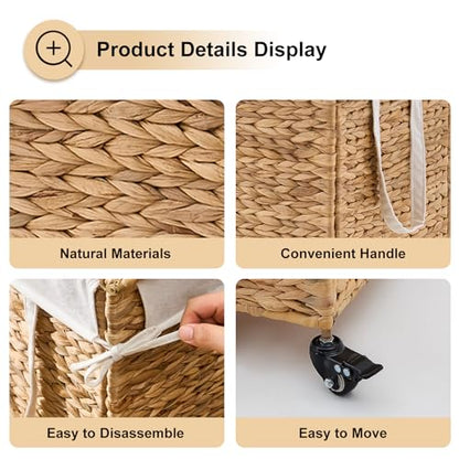 Rolling Laundry Hamper with Lid and Wheels, Slim Laundry Basket with Removable Liner Bag & 2 Mesh Bags, Handwoven Water Hyacinth Clothes Hamper for Bedroom Bathroom (Natural, 85L) - color: Natural/With Lid/85L